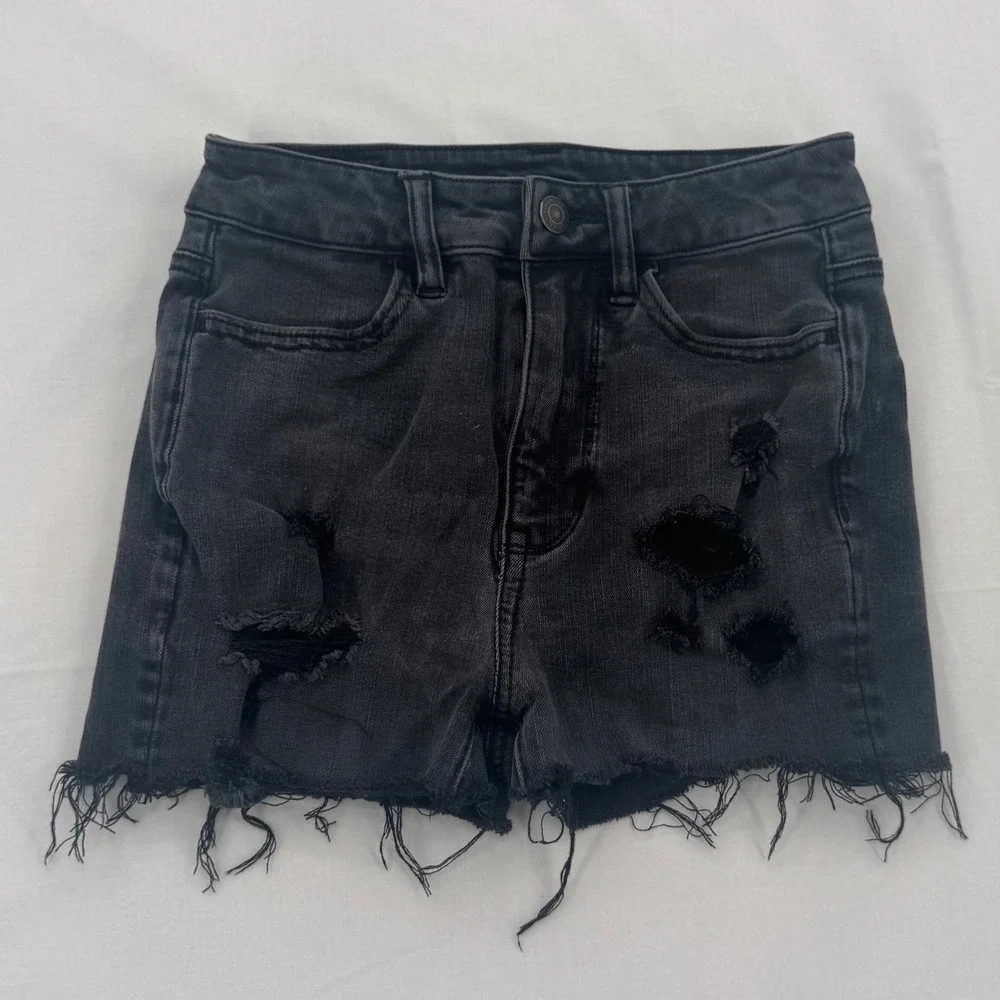 American Eagle Super Stretch Black Distressed High Waisted Denim Shorts 00 Long